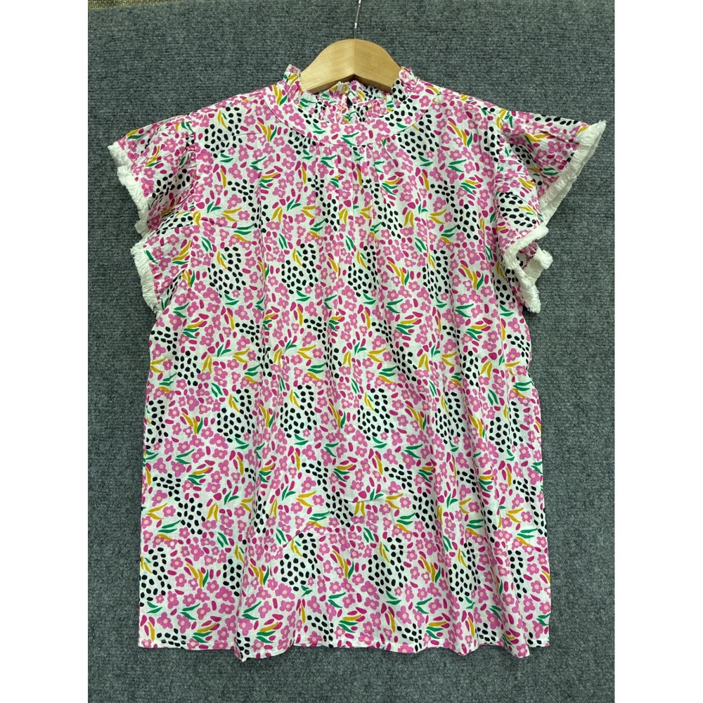 THML Flower Print Flutter Sleeve Top Pink Floral Polka Dot Cotton Blouse Medium - Picture 1 of 6